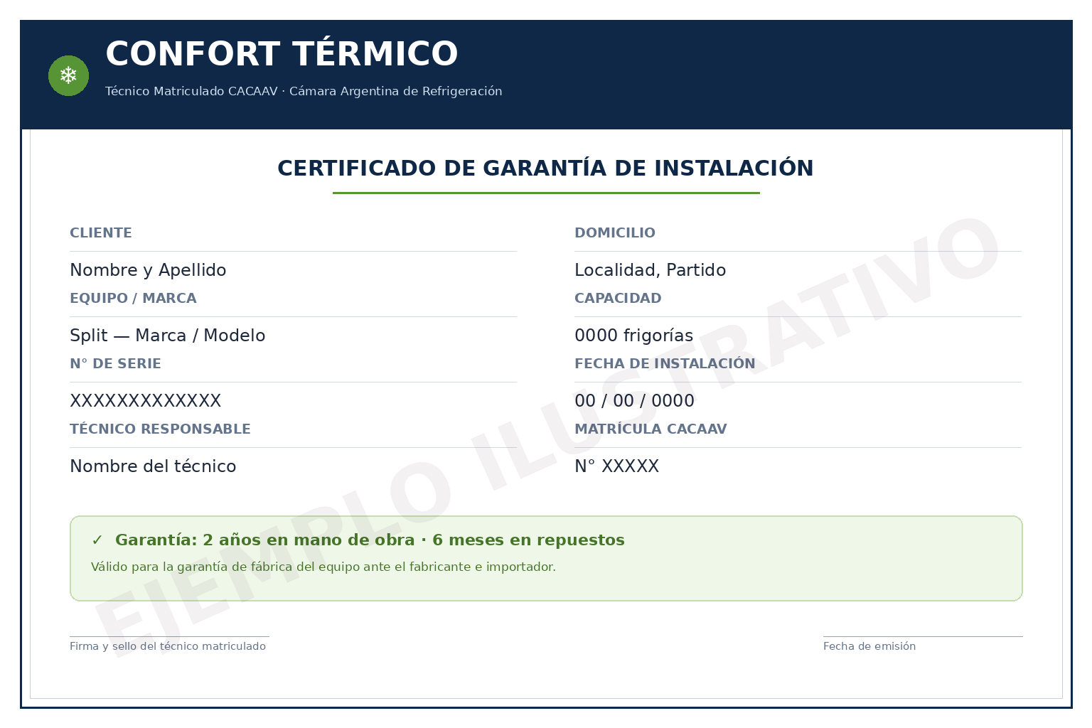 Ejemplo de certificado de garantía de instalación de aire acondicionado de Confort Térmico